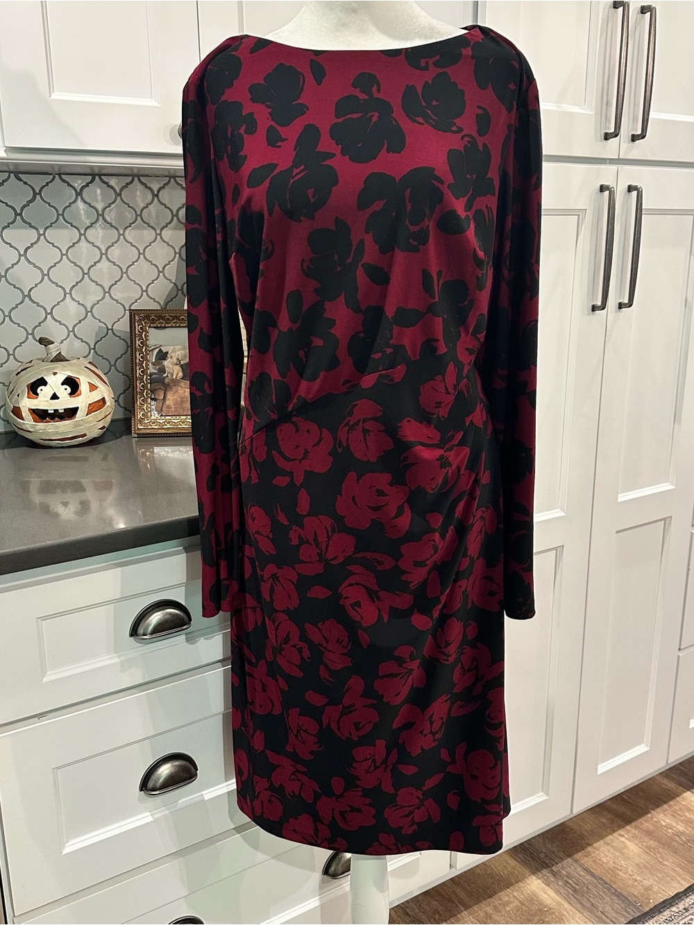 Chaps Red Blue Floral Long Sleeve Sheath Dress Ruched Waist Boatneck Cocktail XL